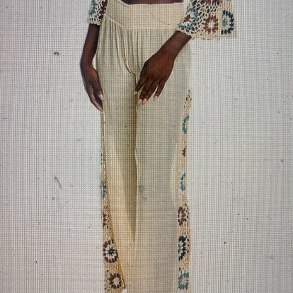 Elan Cream Wide Leg Pants with Crochet Side Panels